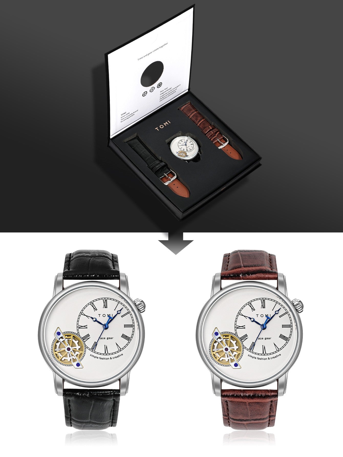 Relógio Minimalista Tomi Regal Gear - Box Com 2 Pulseiras