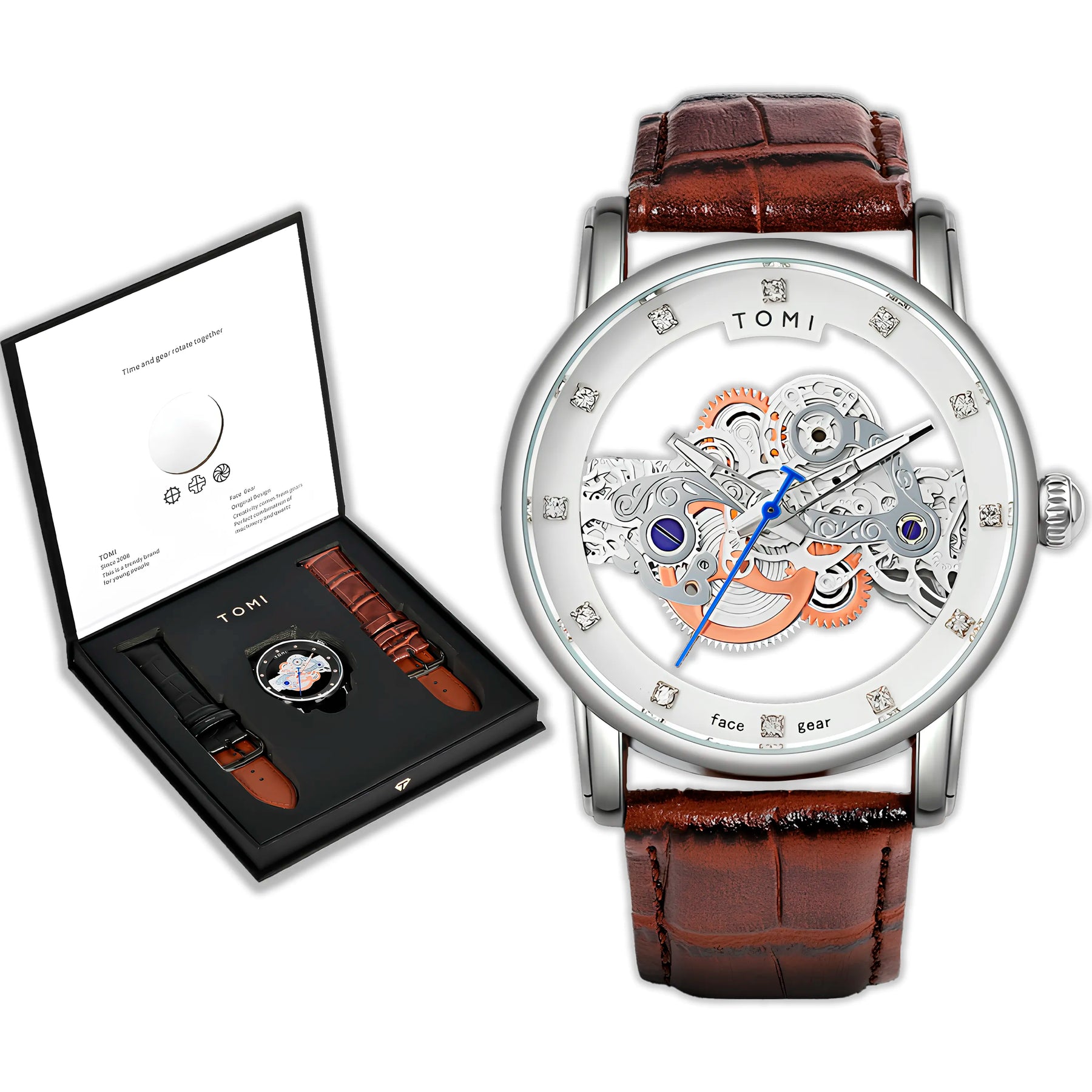 Relógio Tomi Classic Skeleton - Box Premium 2 Pulseiras