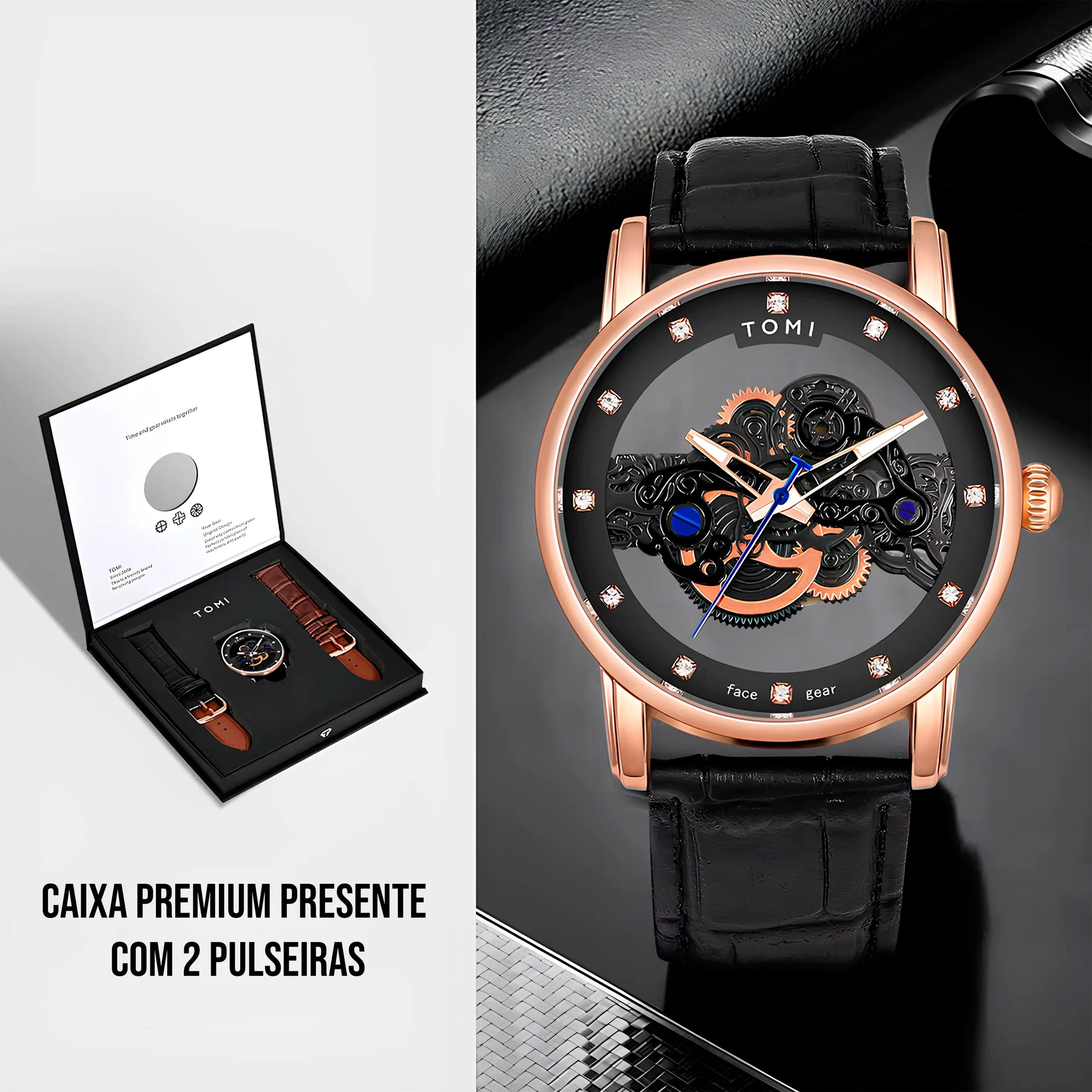 Relógio Tomi Classic Skeleton Black