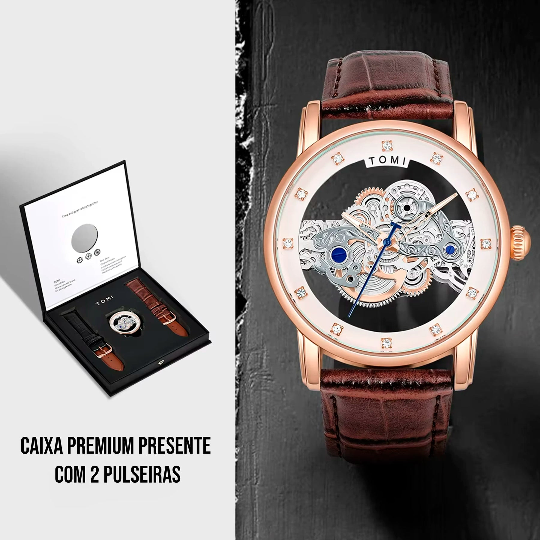 Relógio Tomi Classic Skeleton - Box Premium 2 Pulseiras