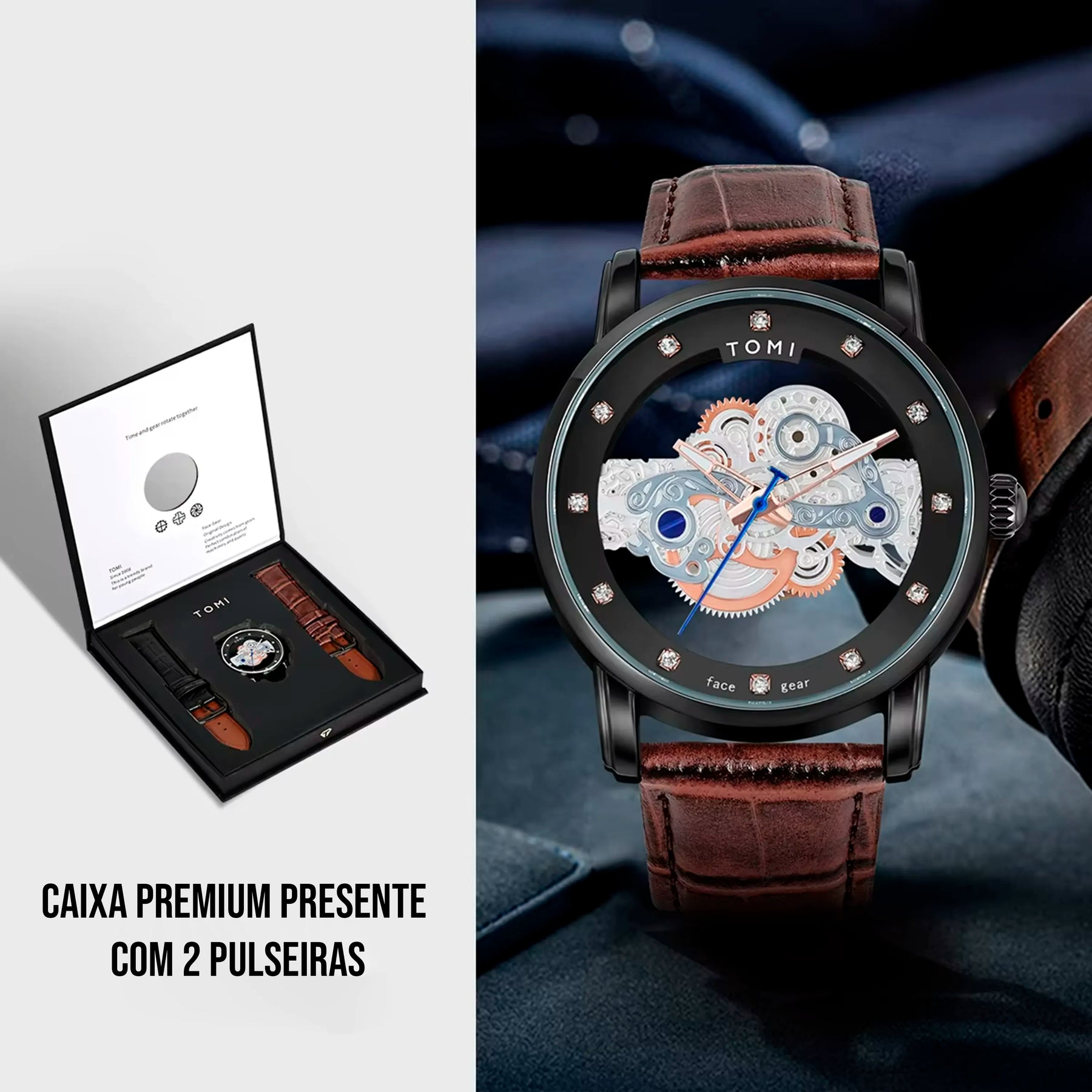 Relógio Tomi Classic Skeleton - Box Premium 2 Pulseiras
