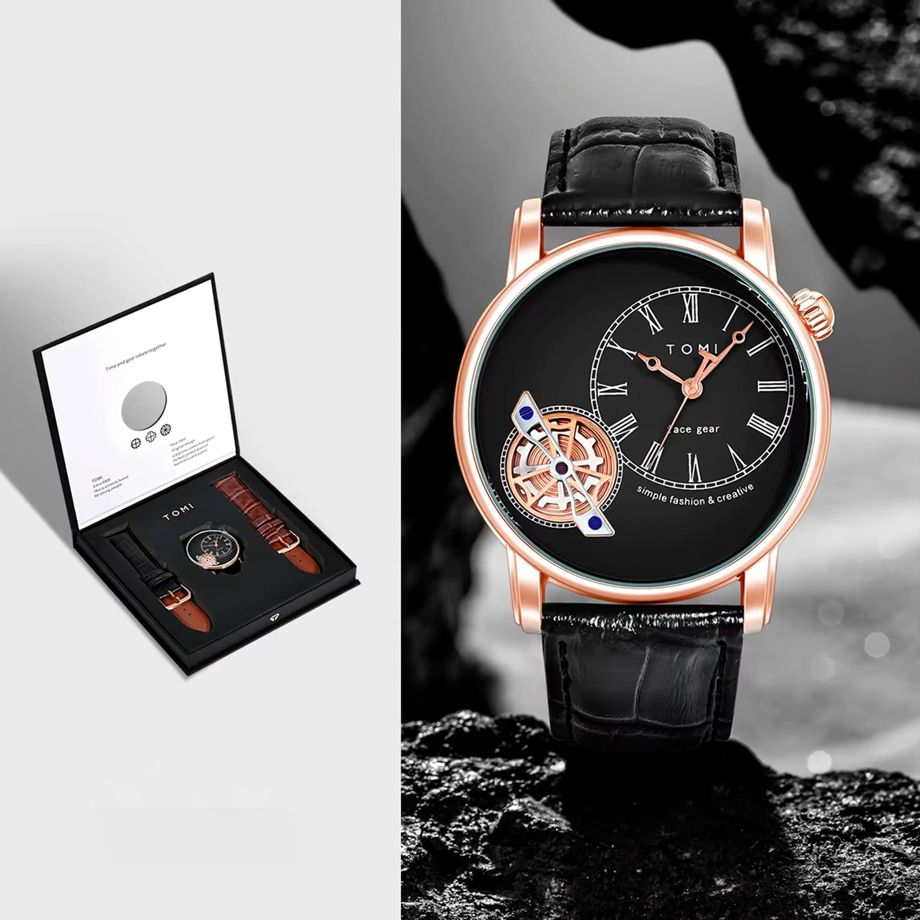 Relógio Minimalista Tomi Regal Gear - Box Com 2 Pulseiras