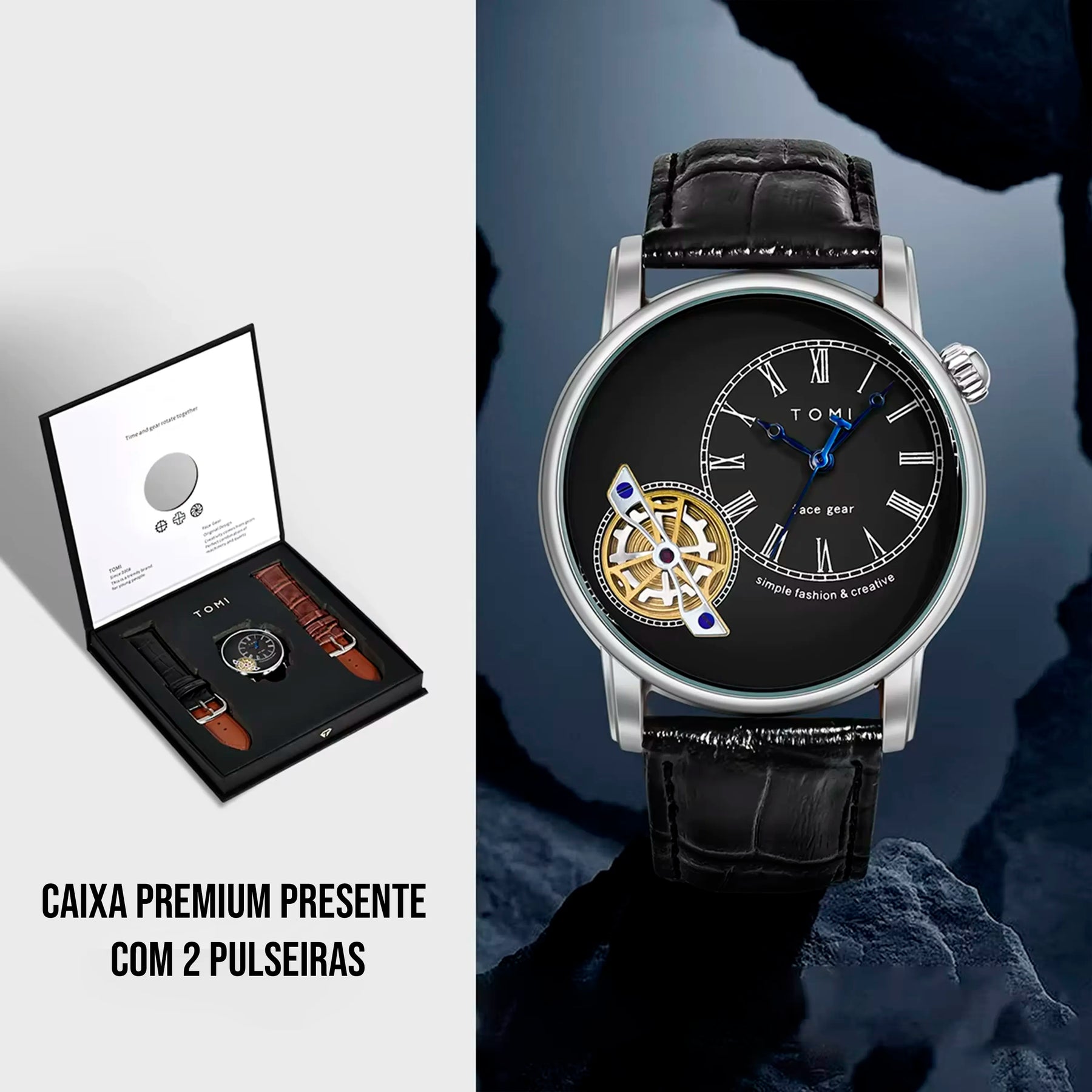 Relógio Minimalista Tomi Regal Gear - Box Com 2 Pulseiras