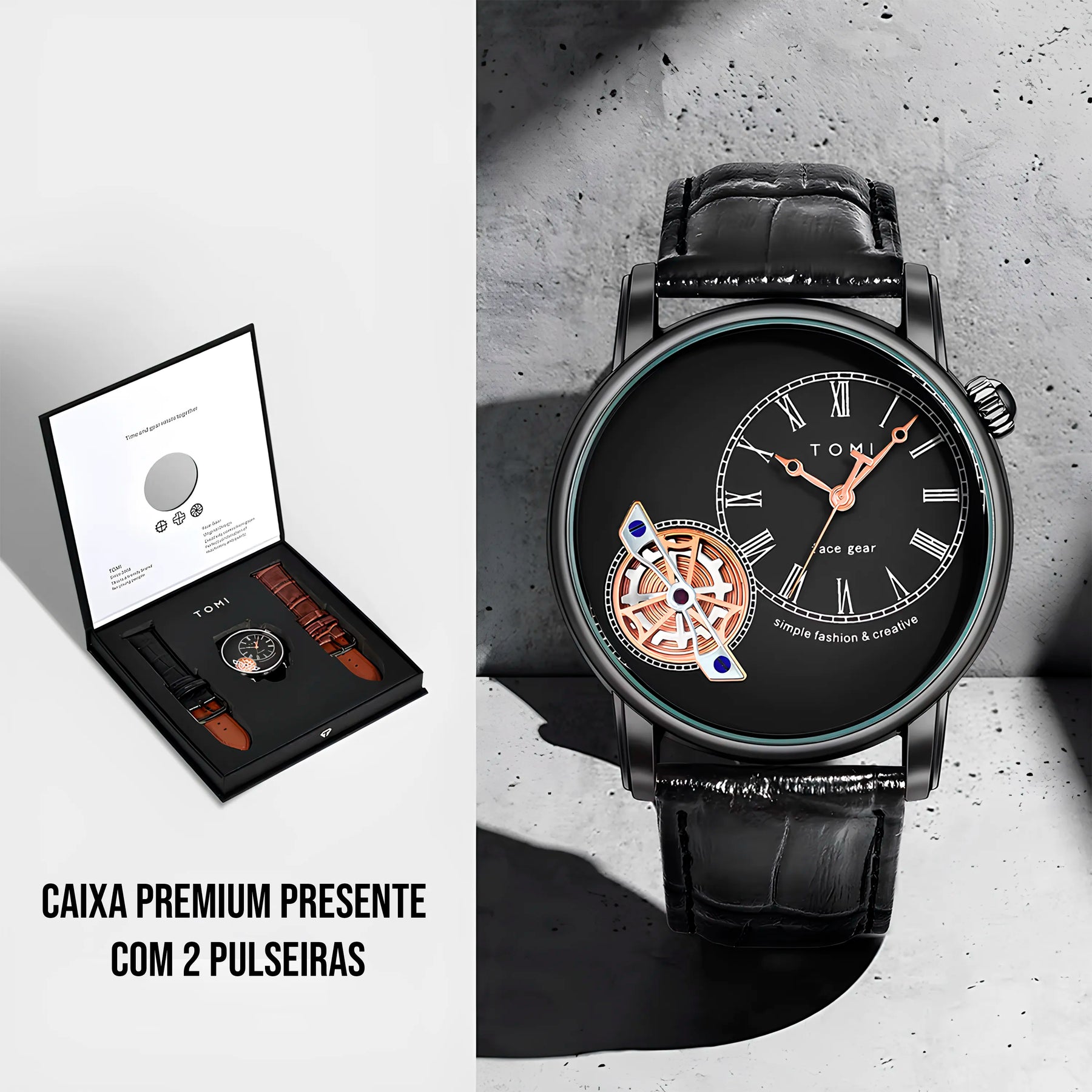Relógio Tomi Regal Gear Preto 2 Pulseiras