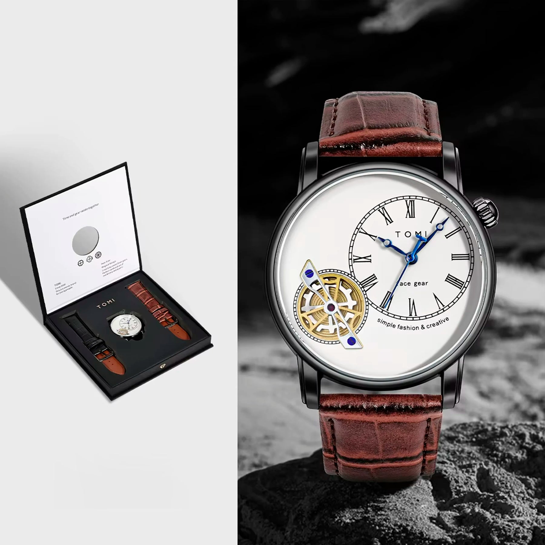 Relógio Minimalista Tomi Regal Gear - Box Com 2 Pulseiras